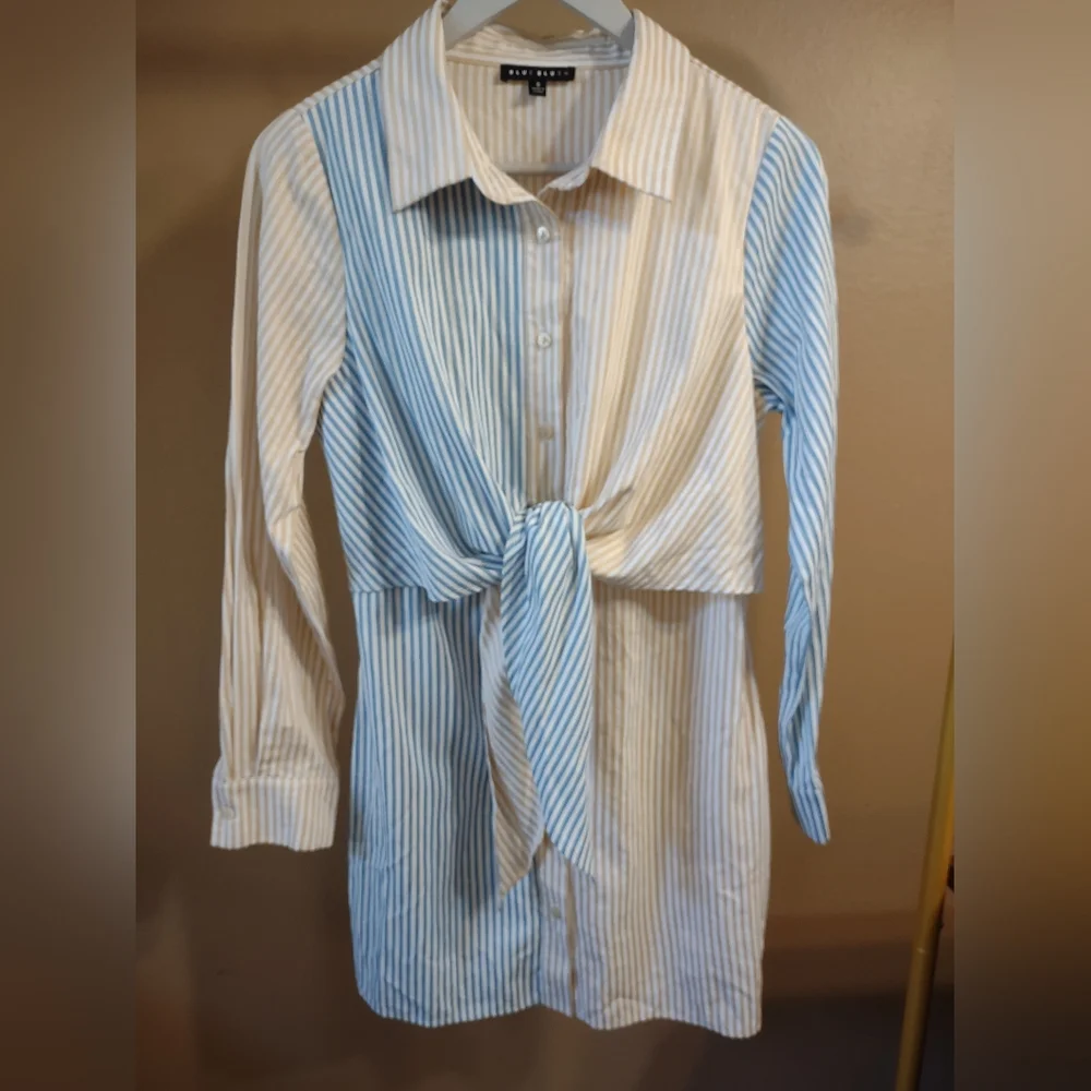 Blue Blush Striped  Button Down T Shirt Dress